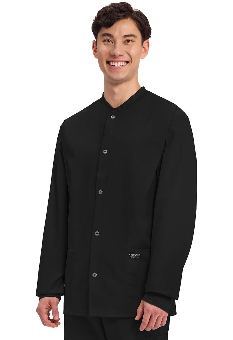 Cherokee Menâ€™s Scrub Jacket Snap Front Medical with 3 Pockets, Knit Cuffs, Soft Fade Resistant 2-Way Stretch - WW360, M, Black - Image 2